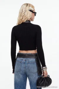 TRENDYOLMİLLA Black Mercerized Look Super Crop High Neck Knitwear Bodysuit Sweater - Image 6