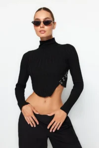 TRENDYOLMİLLA Black Mercerized Look Super Crop High Neck Knitwear Bodysuit Sweater - Image 7