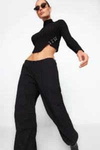 TRENDYOLMİLLA Black Mercerized Look Super Crop High Neck Knitwear Bodysuit Sweater - Image 8