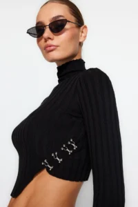 TRENDYOLMİLLA Black Mercerized Look Super Crop High Neck Knitwear Bodysuit Sweater - Image 9