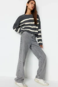 TRENDYOLMİLLA Anthracite Crop Wide Pattern Striped Knitwear Sweater - Image 2