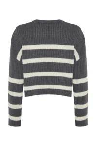 TRENDYOLMİLLA Anthracite Crop Wide Pattern Striped Knitwear Sweater - Image 6