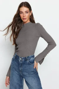 TRENDYOLMİLLA Anthracite Sleeve Button Detailed Knitwear Sweater - Image 2