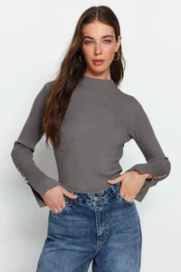 TRENDYOLMİLLA Anthracite Sleeve Button Detailed Knitwear Sweater - Image 3