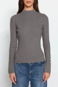 TRENDYOLMİLLA Anthracite Sleeve Button Detailed Knitwear Sweater - Image 4