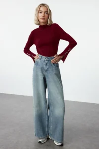 TRENDYOLMİLLA Burgundy Sleeve Button Detailed Knitwear Sweater - Image 2