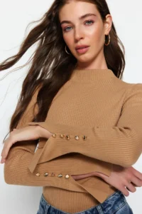 TRENDYOLMİLLA Camel Sleeve Button Detailed Knitwear Sweater - Image 2
