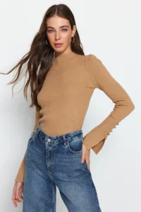 TRENDYOLMİLLA Camel Sleeve Button Detailed Knitwear Sweater - Image 3