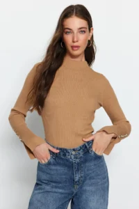 TRENDYOLMİLLA Camel Sleeve Button Detailed Knitwear Sweater - Image 4