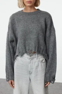 TRENDYOLMİLLA Anthracite Crop Super Wide Pattern Soft textured Flowing Detailed Knitwear Sweater - Image 11