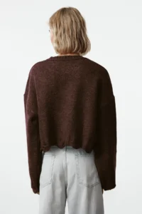 TRENDYOLMİLLA Brown Crop Wide Pattern Soft textured Flowing Detailed Knitwear Sweater - Image 5