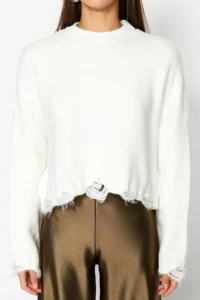 TRENDYOLMİLLA Ecru Crop Wide Pattern Soft textured Flow Detailed Knitwear Sweater - Image 13