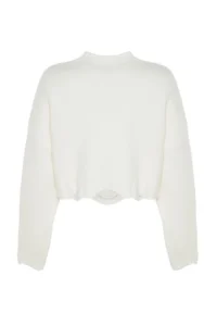 TRENDYOLMİLLA Ecru Crop Wide Pattern Soft textured Flow Detailed Knitwear Sweater - Image 17
