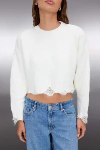 TRENDYOLMİLLA Ecru Crop Wide Pattern Soft textured Flow Detailed Knitwear Sweater - Image 3