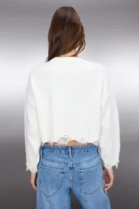 TRENDYOLMİLLA Ecru Crop Wide Pattern Soft textured Flow Detailed Knitwear Sweater - Image 4