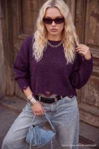 TRENDYOLMİLLA Purple Crop Wide Pattern Soft textured Flowing Detailed Knitwear Sweater - Image 2