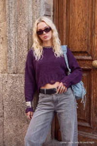 TRENDYOLMİLLA Purple Crop Wide Pattern Soft textured Flowing Detailed Knitwear Sweater - Image 3