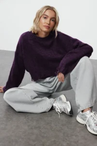 TRENDYOLMİLLA Purple Crop Wide Pattern Soft textured Flowing Detailed Knitwear Sweater - Image 4