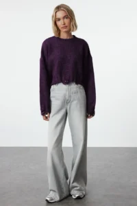 TRENDYOLMİLLA Purple Crop Wide Pattern Soft textured Flowing Detailed Knitwear Sweater - Image 5