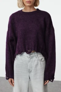 TRENDYOLMİLLA Purple Crop Wide Pattern Soft textured Flowing Detailed Knitwear Sweater - Image 6