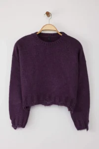 TRENDYOLMİLLA Purple Crop Wide Pattern Soft textured Flowing Detailed Knitwear Sweater - Image 8