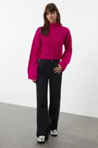 TRENDYOLMİLLA Fuchsia Crop Soft textured High Neck Knitwear Sweater - Image 2