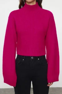 TRENDYOLMİLLA Fuchsia Crop Soft textured High Neck Knitwear Sweater - Image 3