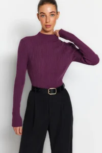 TRENDYOLMİLLA Purple High Neck Basic Plain Knitwear Sweater - Image 3