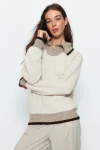 TRENDYOLMİLLA Mink Color Bloklu Zippered Knitwear Sweater - Image 2