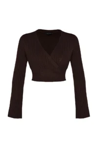 TRENDYOLMİLLA Brown Crop Soft textured Double breasted Knitwear Sweater - Image 6