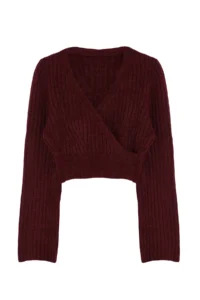 TRENDYOLMİLLA Burgundy Crop Soft textured Double breasted Knitwear Sweater - Image 6