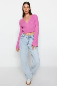 TRENDYOLMİLLA PINK Crop Soft textured Double breasted Knitwear Sweater - Image 2