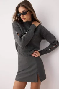 TRENDYOLMİLLA Anthracite Soft textured Button Detailed Knitwear Sweater