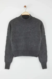 TRENDYOLMİLLA Anthracite Soft textured Button Detailed Knitwear Sweater - Image 5
