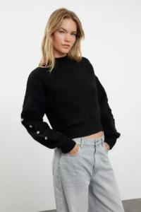 TRENDYOLMİLLA Black Soft textured Button Detailed Knitwear Sweater - Image 2