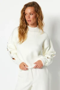 TRENDYOLMİLLA Ecru Soft textured Button Detailed Knitwear Sweater - Image 2