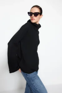TRENDYOLMİLLA Black Soft textured Turtleneck Wide Pattern Knitwear Sweater - Image 2