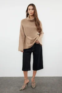 TRENDYOLMİLLA Mink Soft textured Turtleneck Wide Pattern Knitwear Sweater - Image 2