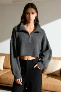 TRENDYOLMİLLA Anthracite Super Crop Zippered Knitwear Sweater