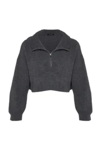 TRENDYOLMİLLA Anthracite Super Crop Zippered Knitwear Sweater - Image 7