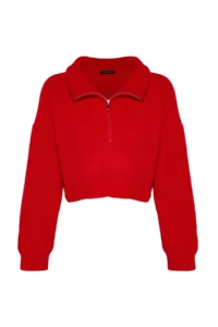 TRENDYOLMİLLA Red Super Crop Zippered Knitwear Sweater - Image 6