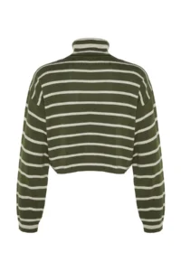 TRENDYOLMİLLA Khaki Striped Crop Knitwear Sweater - Image 8
