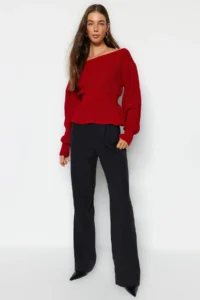 TRENDYOLMİLLA Red Balloon Sleeve with flywheel Knitwear Sweater - Image 3