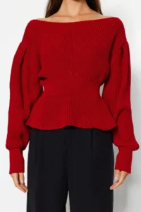 TRENDYOLMİLLA Red Balloon Sleeve with flywheel Knitwear Sweater - Image 4