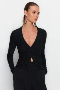 TRENDYOLMİLLA Black Lurex Slit Detailed Knitwear Sweater - Image 2