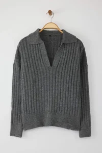 TRENDYOLMİLLA Anthracite Soft textured Polo Shirt Collar Knitwear Sweater - Image 6