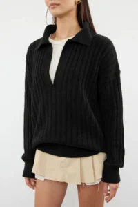 TRENDYOLMİLLA Black Soft textured Polo Shirt Collar Knitwear Sweater - Image 3