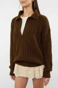 TRENDYOLMİLLA Brown Soft textured Polo Shirt Collar Knitwear Sweater