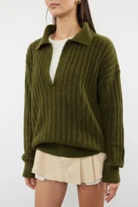 TRENDYOLMİLLA Khaki Soft textured Polo Shirt Collar Knitwear Sweater - Image 3