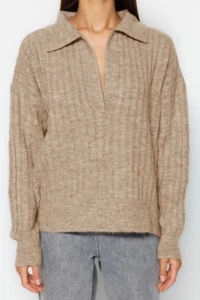 TRENDYOLMİLLA Mink Soft textured Polo Shirt Collar Knitwear Sweater - Image 4